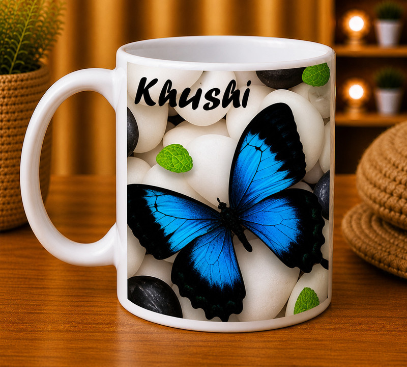 Stylotrendz Special Gift for Girl,Wife,GF,Sister,Mom- KHUSHI Beautiful Butterfly HD Name Theme Coffee Ceramic Coffee Mug(325 ml)