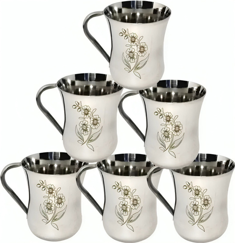 CHARWICK Pack of 6 Stainless Steel Cup Flower Design Smooth Round Handle for Hot Drinks Chai Coffee Milk Daily Use(Silver, Cup)