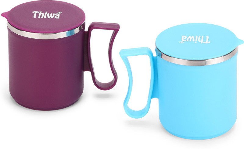 Thiwa Coffee/Tea/Milk Lid Cup Unbreakable Double Wall Hot and Cool StainlessSteel mug Plastic, Stainless Steel Coffee Mug(300 ml, Pack of 2)