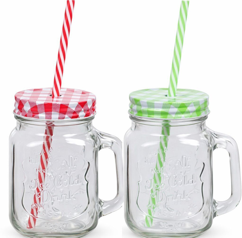 V Bright Glass Mason Jar with Straw and Handle Set of 2 for Juice Glass Mason Jar(500 ml, Pack of 2)
