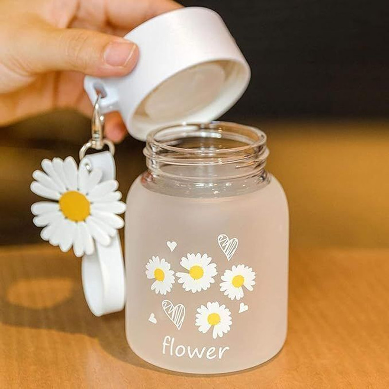 exactor 350ml Cute Flower Frosted Glass Small Bottle Travel Cup With Lid Coffee Tumbler Glass Coffee Mug(350 ml)