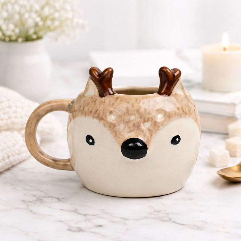 Velvet Valley Cute 3D Shape Reindeer Ceramic Coffee | Aesthetic Pinterest Style Ceramic Coffee Mug(300 ml)