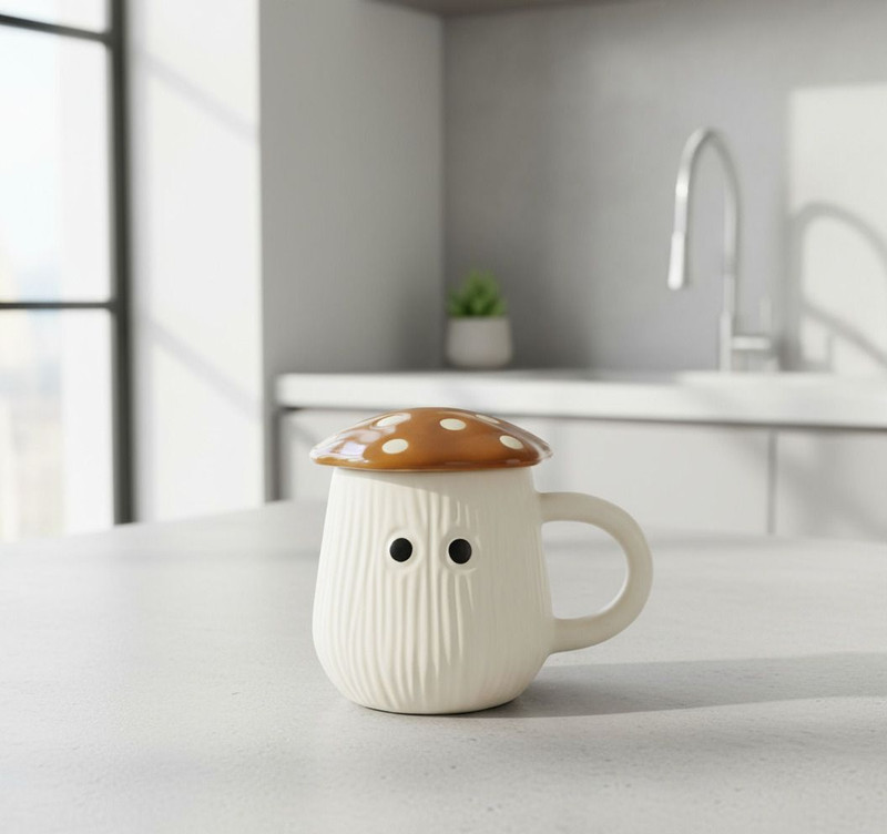 ABC Cute Aesthetic Mushroom Face with Topper Lid Ceramic Coffee Mug(250 ml)