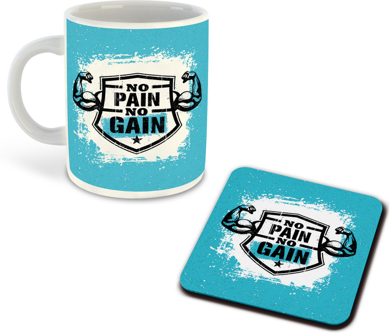 whats your kick No Pain No Gain Gym Printed White Coffee With Coaster - D22 Ceramic Coffee Mug(325 ml)