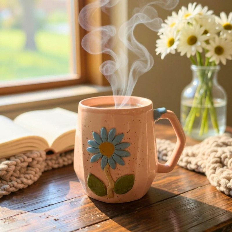 KALAA BY N 3D Daisy Floral Ceramic 240ml Pink | Handmade Ceramic Coffee Mug(240 ml)