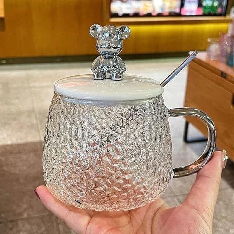 ZROY ENTERPRISE Textured Glass Coffee with Cute Bear Lid & Spoon Glass Coffee Mug(410 ml)