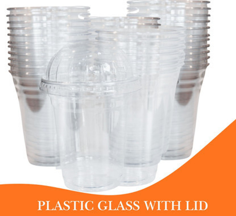 Raga Plus Reusable Transparent Glass with Dom lids| Cold Beverage Mocktail Glass Plastic Coffee Mug(300 ml, Pack of 50)