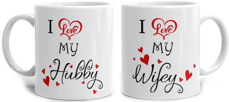 VDLBKL I Love My Hubby & I Love My Wify Ceramic Coffee Mug(320 ml, Pack of 2)