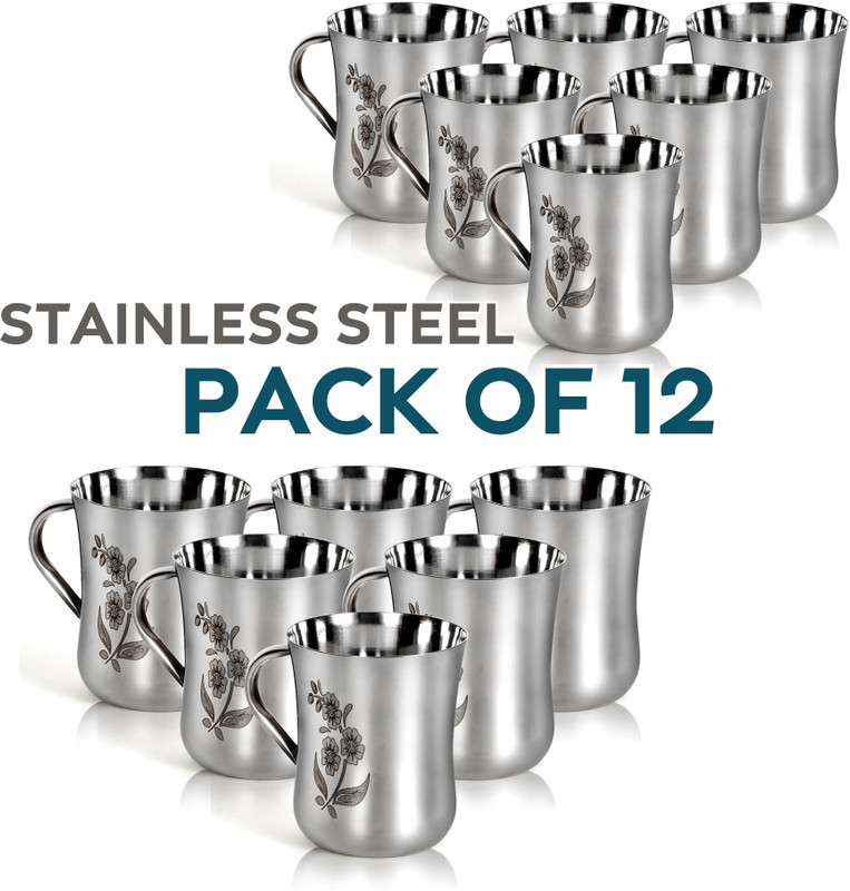 Q4S Laser Etching Floral Design Print Steel Cup Set Stainless Steel Coffee Mug(160 ml, Pack of 12)