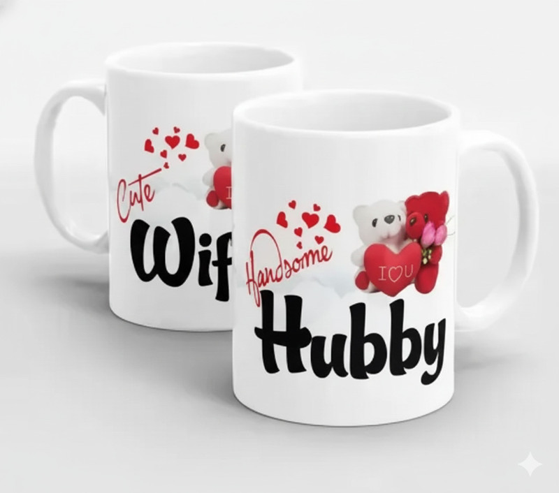 Nova Creations Cute Wifey & Handsome Hubby, Best Valentine's Day Gift for Husband & Wife Ceramic Coffee Mug(325 ml, Pack of 2)