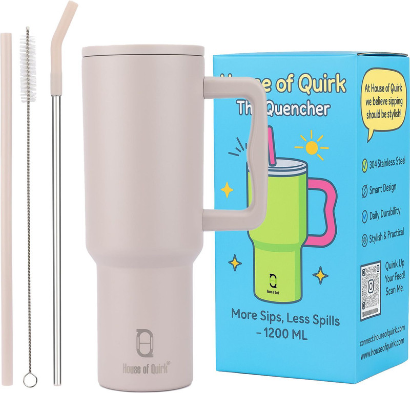 HOUSE OF QUIRK 1200ML Stainless Steel Tumbler Hot and Cold with Handle and Lid 2 Straw Oatmeal Stainless Steel Tumbler(1200 ml)