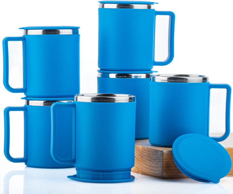 Snowberry Pack of 6 Stainless Steel, Plastic 220ml Tea Cup Set, Stainless Steel Mug, Chai Cup,Steel Cup with Lid(Blue, Cup Set)