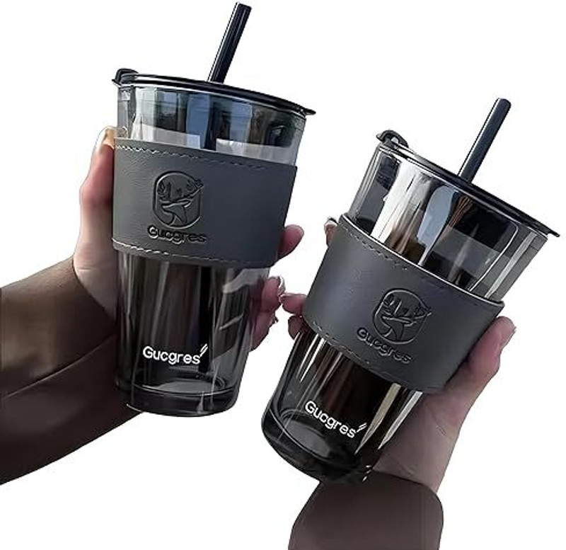 GOOD TO GREAT CREATION Iced Coffee Drinking Glasses with Lids and Glass Straw set of 2 Glass Coffee Mug(400 ml, Pack of 2)