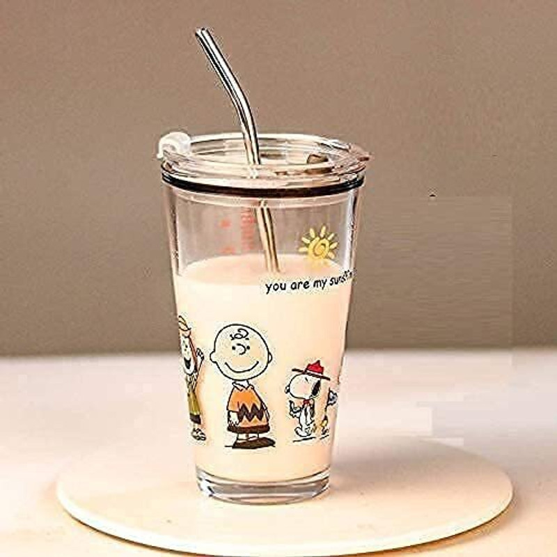 NXTMET Random Design Cartoon Pattern Tumbler Glass (Set of 1)Multipurpose Drinking Measuring/Cup with Silicone Straw and Glass Lid Drink for Milk,Tea,Coffee,Juice,Thick Shake Cup & Glass Coffee Mug(400 ml)