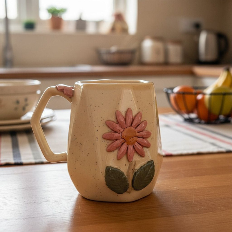 ABC Premium Ceramic Coffee with Embossed Daisy Flower | Rustic Beige Finish Ceramic Coffee Mug(350 ml)