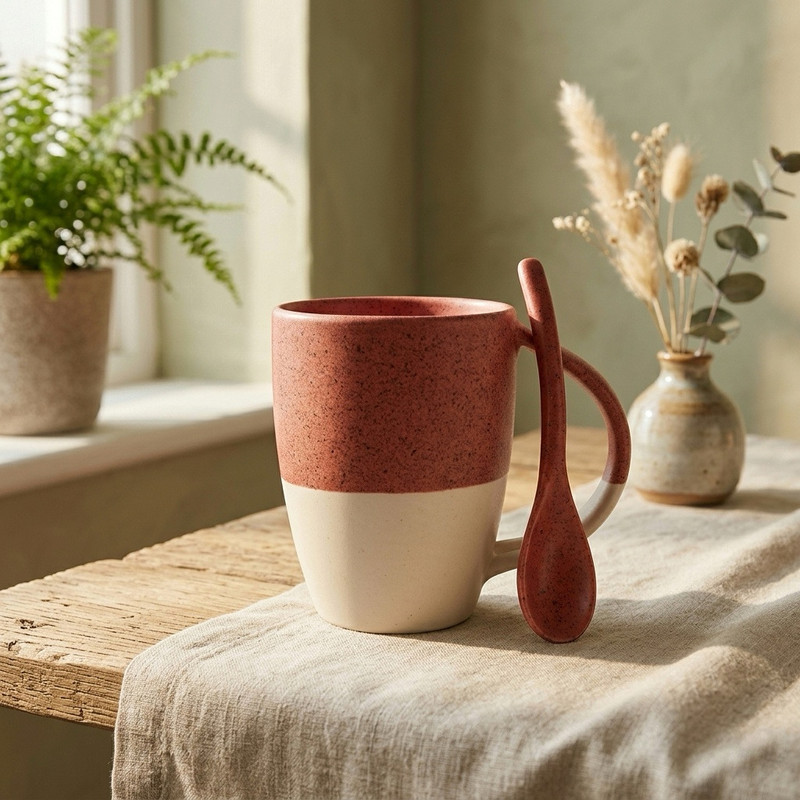 Aessence Dual Tone with Spoon Ceramic Coffee Mug(250 ml)