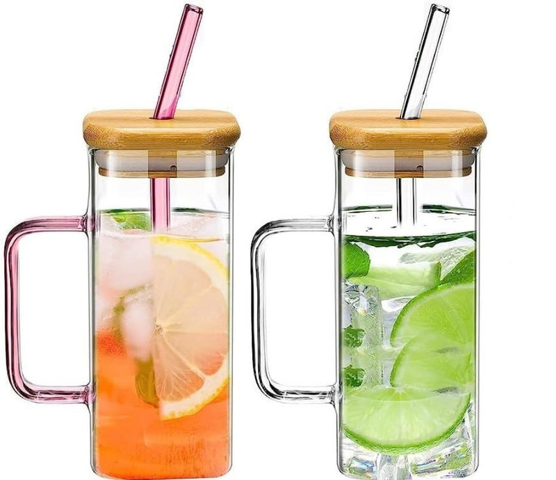 MAHADEV INFRASTRUCTURE SQUARE MASON WOODEN LID JAR 400ML 2 PCS 200 400 ml Glass Sipper(Pack of 2, Multicolor)
