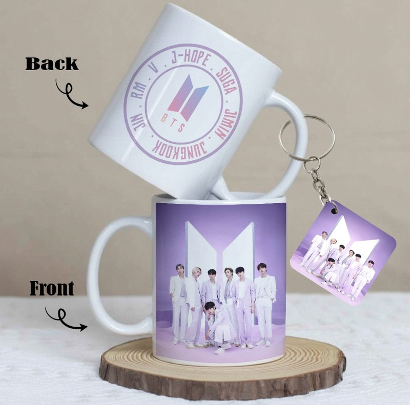 GIVENTA BTS Ceramic Coffee for ARMY Fans | (1 + 1keychain ) Ceramic Coffee Mug(350 ml, Pack of 2)