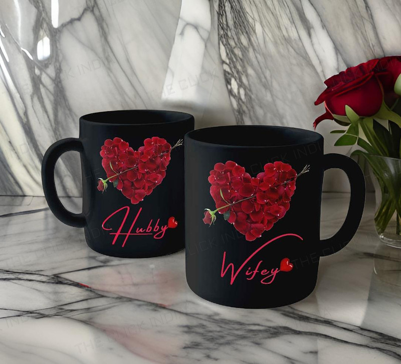 THE CLICK INDIA Hubby Wifey Cute Design Best Gift For Couples On Valentine, Anniversary,Wedding Ceramic Coffee Mug(325 ml, Pack of 2)