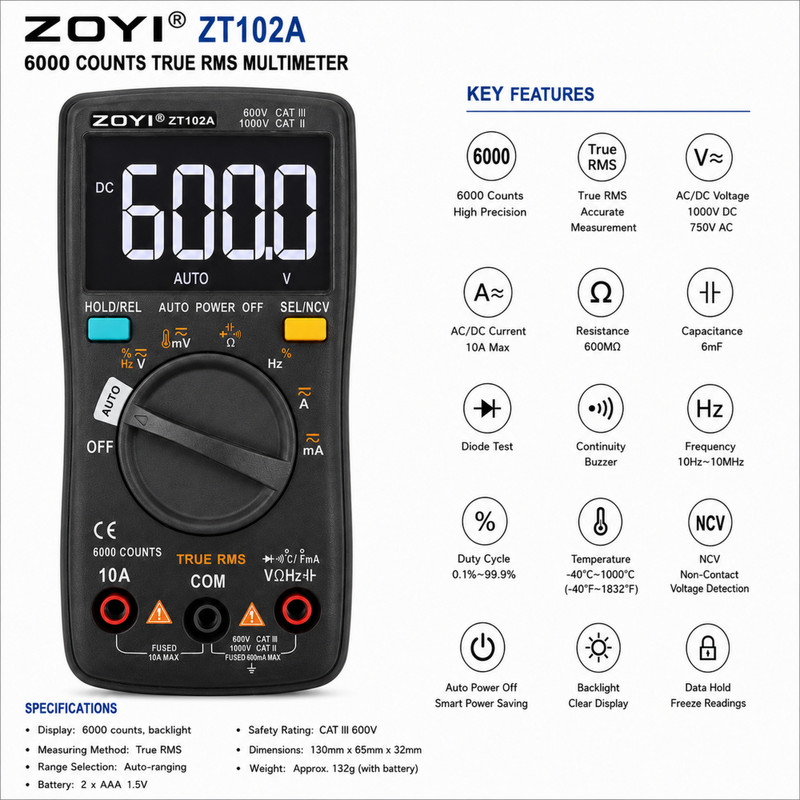 Zoyi ZT-102A Digital Multimeter(Black 6000 Counts)