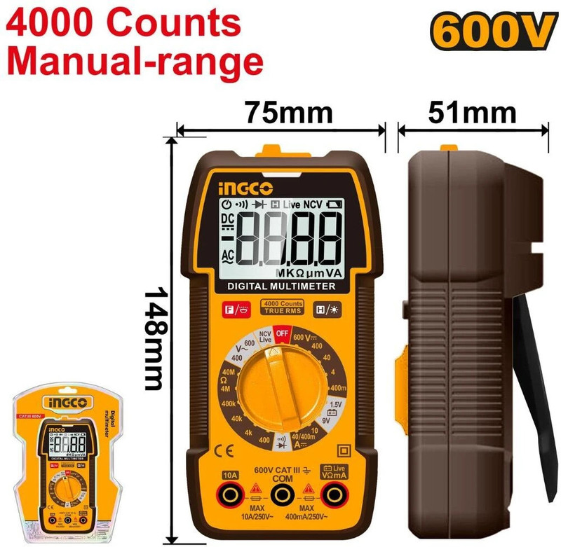 INGCO DM36002 Digital Multimeter(Yellow, Black 4000 Counts)