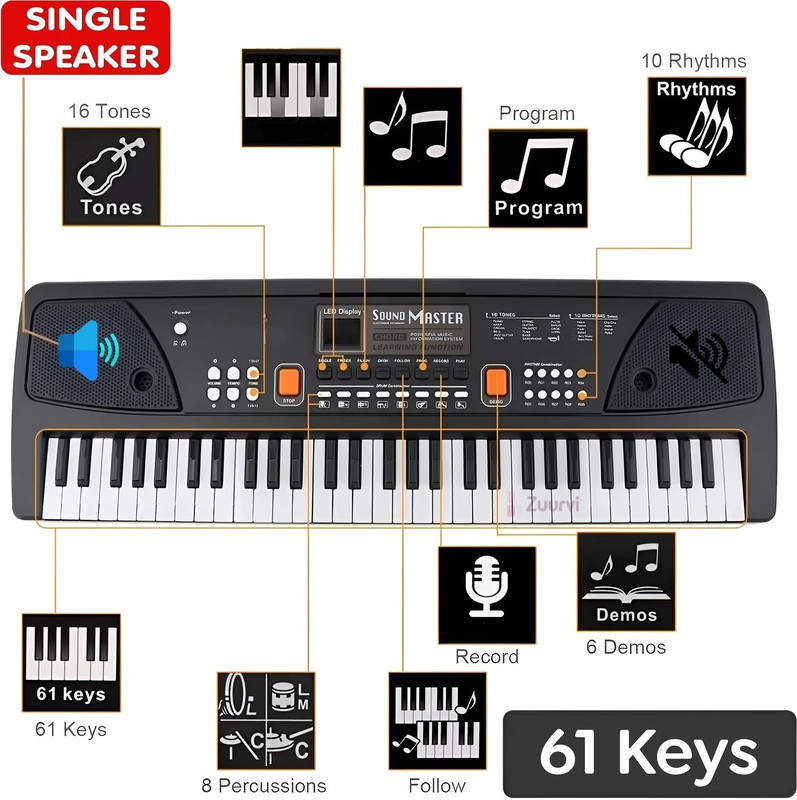 Zuurvi ToyBucket 630A1 Musical Instrument Piano with Mic & Display | Record Function | For Beginners Kids Boys & Girls | Direct DC Power Option with Micro USB Cable | Analog Portable Keyboard(61 Keys)