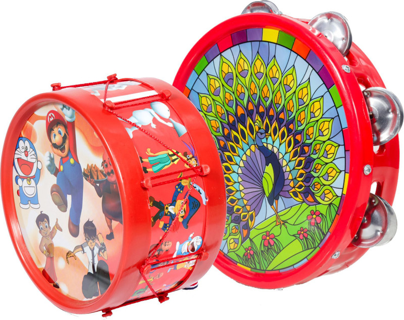 khushi enterprise Musical khanjari(23.7x5cm),Damru(7x8.2cm) with Drum(17.4x9.2cm)(Red)