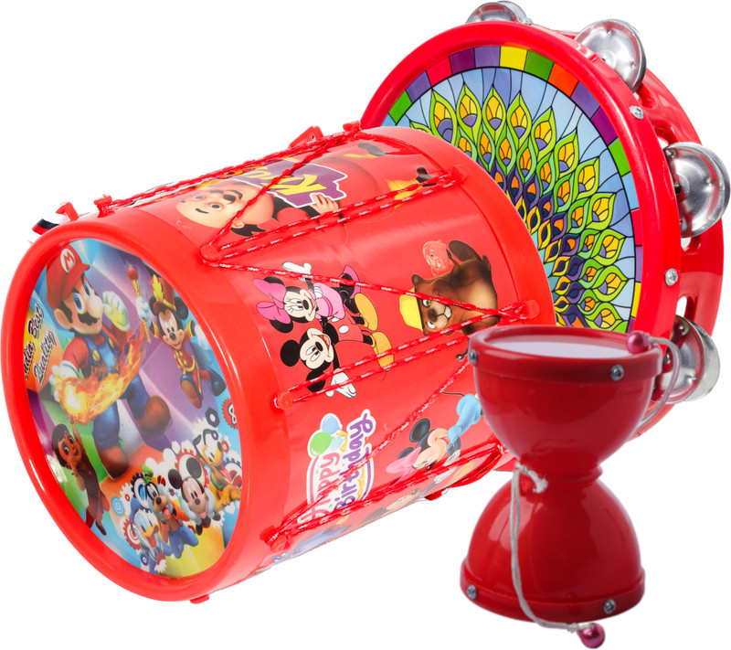 khushi enterprise Musical Khanjari(23.7x5cm), Damru(9.5x12.9cm) with Drum(17.4x17.8cm)(Red)