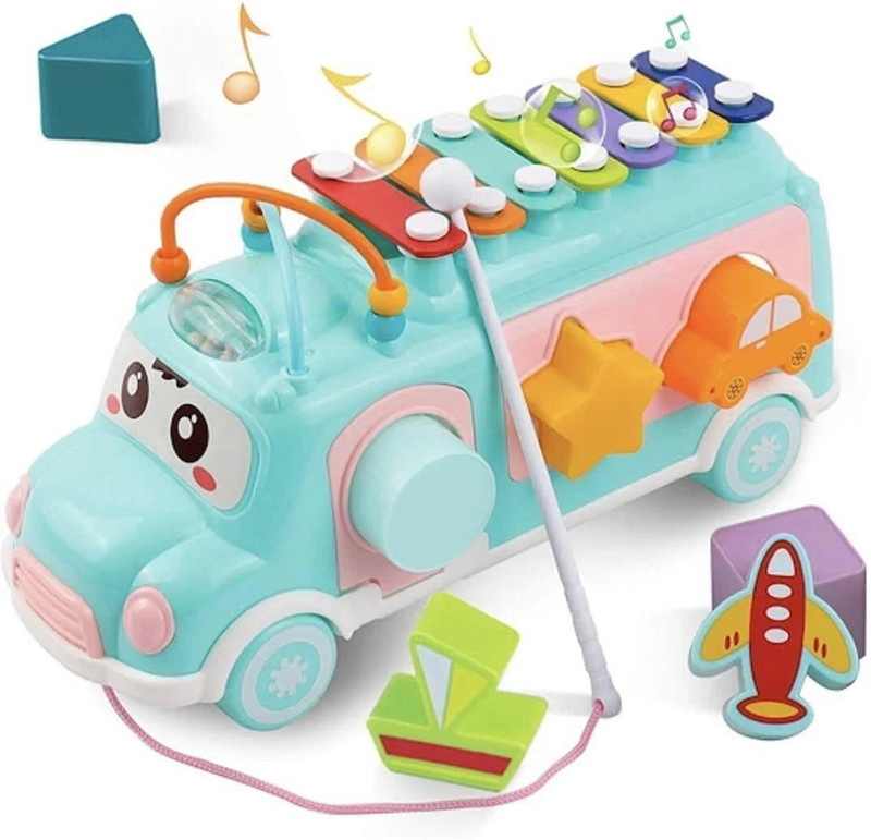 AR Jouiet Mansion Pullable School Bus With Xylophone Instrument Toy For Kids, With 7 Shape Blocks(Multicolor)