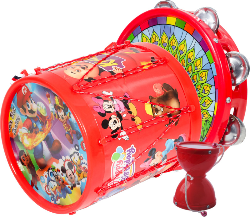khushi enterprise Musical khanjari(23.7x5cm),Damru(7x8.2cm) with Drum(17.4x9.2cm)(Red)