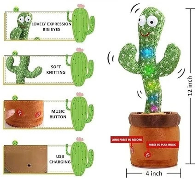 KRITAM Dancing Cactus Plush Toy USB Charging Sing Songs Recording Repeats What(Green, Orange)