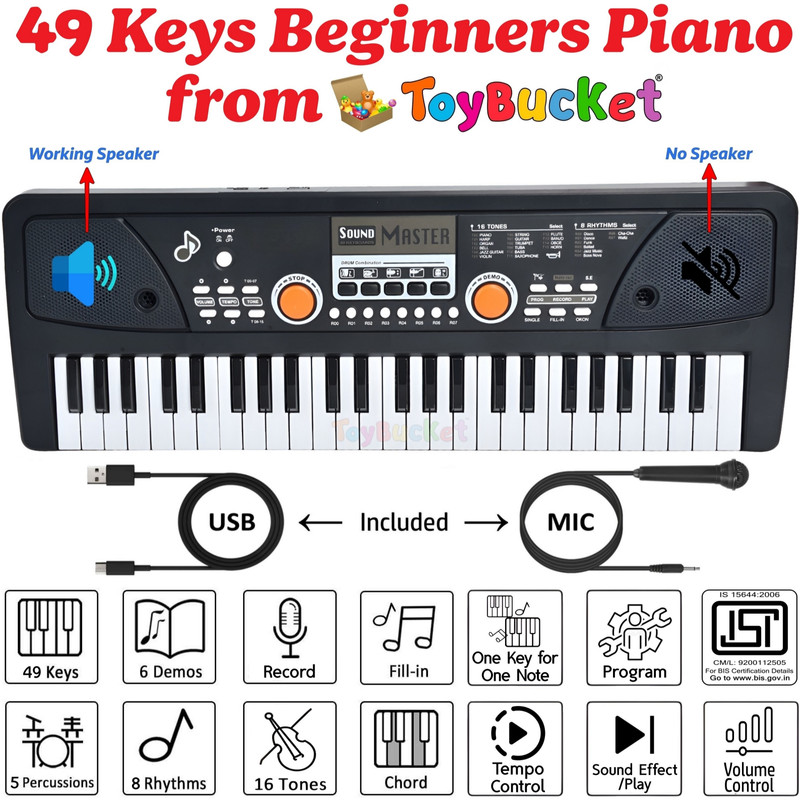 ToyBucket 49 Keys Electronic Piano Keyboard with Microphone, DC Power Option, Recording(Black)