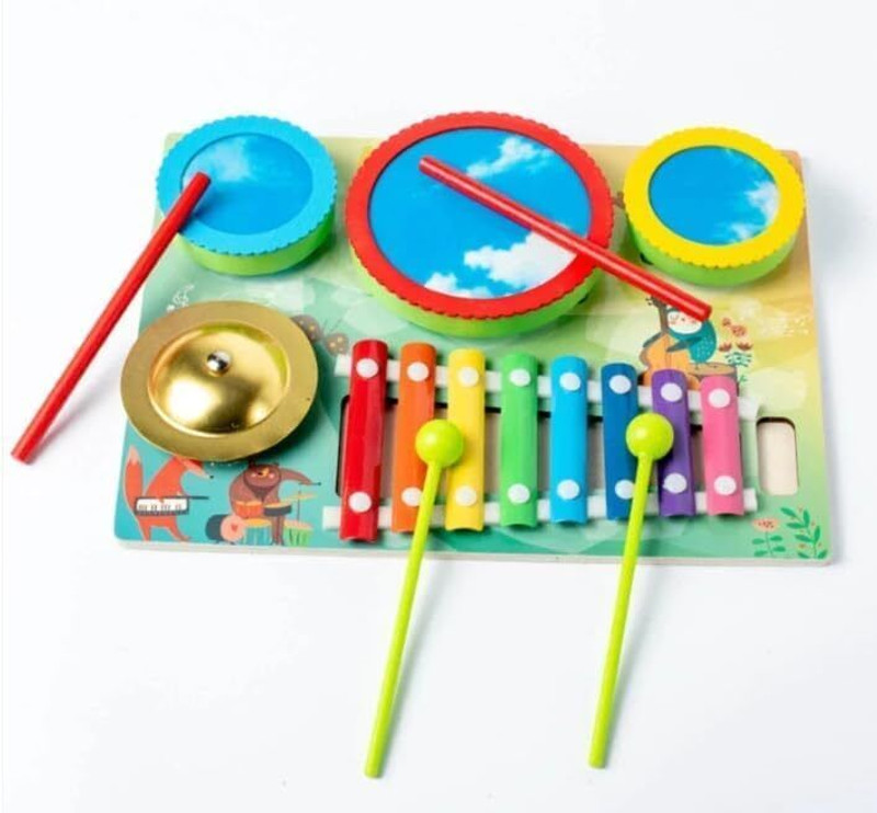 Woodlebee Wooden Playing Drums and Zither in One Wooden Musical Toy(Multicolor)
