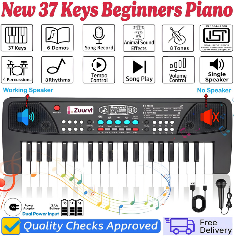 Zuurvi 61 Keys Musical Keyboard Piano for Kids | Direct DC Power Input | Tones & Record(Black)