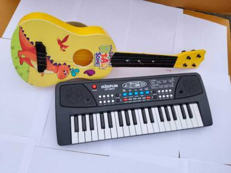 IJAYTOYS Combo 37 Key Electric Piano Keyboard Musical Toy & Print Guitar Toy 4-String(Multicolor)