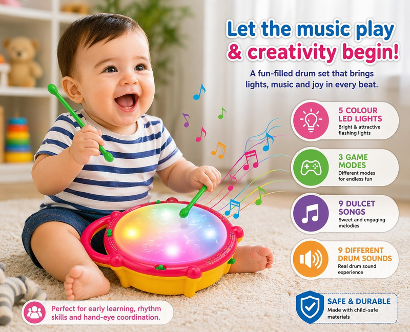 Triveni Store Musical Drum for Kids, Flash Drums Toys with Sticks(Multicolor)