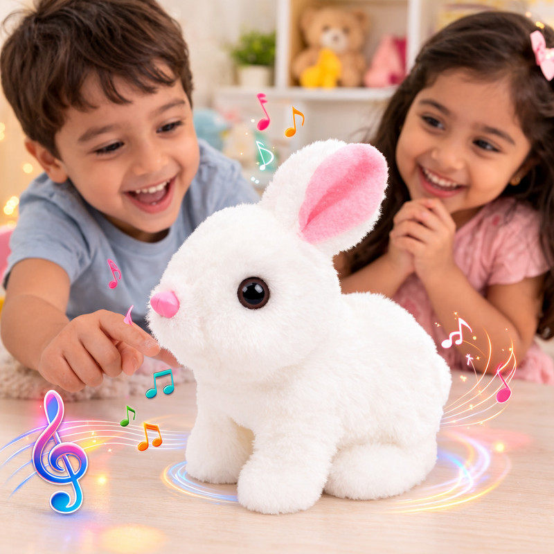 S sukan tex Musical Bunny Toy for Kids Jumping Rabbit with Sound Moving Ears(White)