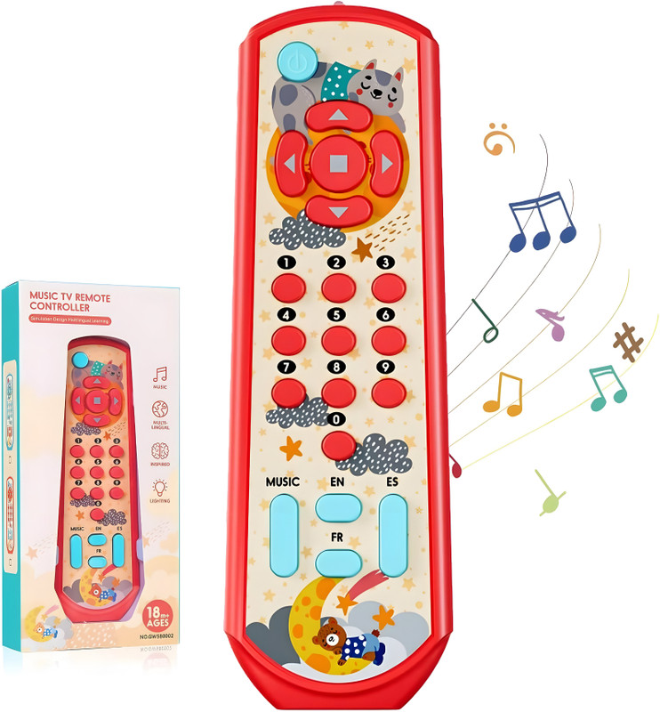 Jollyora TV Remote Control Toy with English Spanish and French, Baby Sensory Toys with Li(Red)