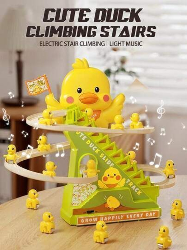 RS Creations Musical Duck Track Toy Set – Auto Stair Climbing Duck Race Track Lights & Music(Yellow)