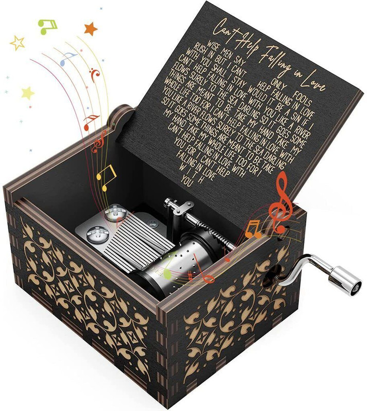 SERPLEX Vintage Wooden Hand Crank Music Box Gift Cant Help Falling in Love Engraved(Black)