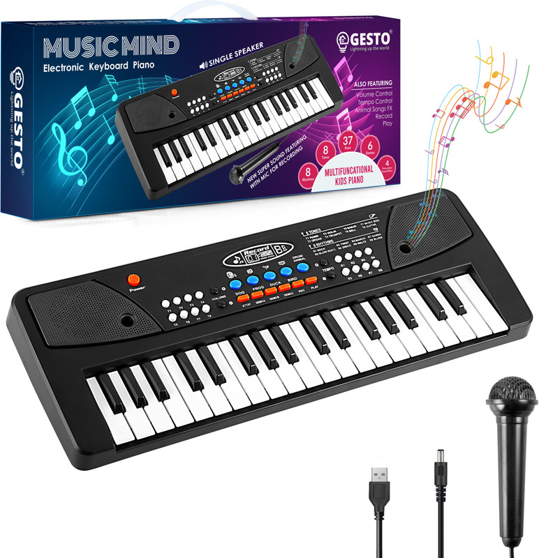 BANTAS Kids Piano with Mic 37 Keys 8 Rhythms 8 Tones 6 Demos Portable(Black)