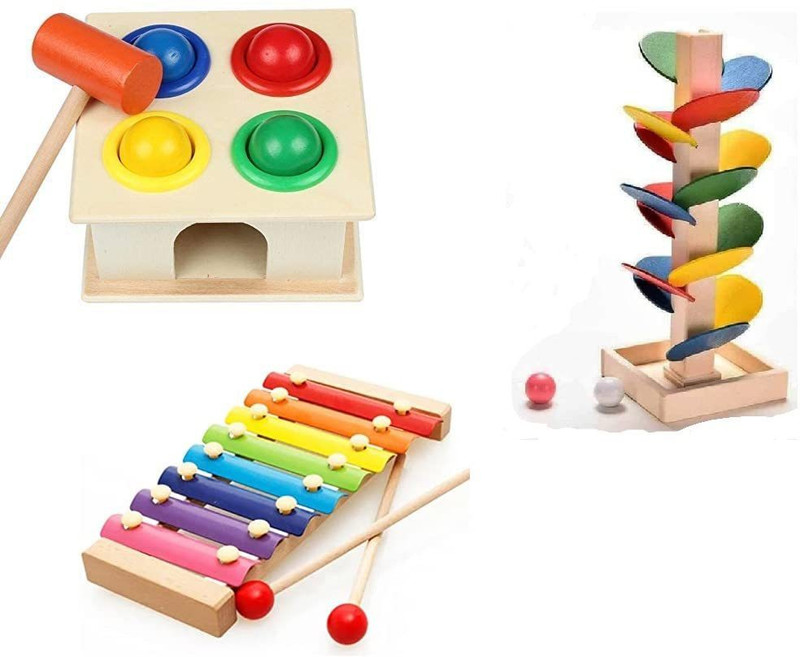Kishore collection Wooden Hammer Knock Ball, Xylophone and Tree Marble Track Combo,(Multicolor)