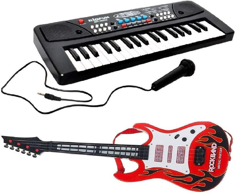 K.D Tinytots Combo of 37 Keys Piano Keyboard With Musical Guitar with Light and Sound(Multicolor)