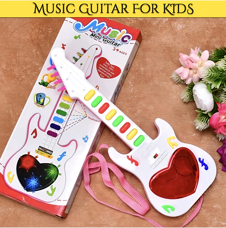 Zenex store Music mini guitar sound 3D light battery operator. (Best gift girls & Boys Mini guitar toys)(White)