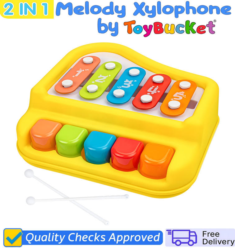 ToyBucket 2 in 1 Baby Piano Xylophone Educational Musical Toy with 5 Key Scales, 2 Mallets(Yellow, Multicolor)