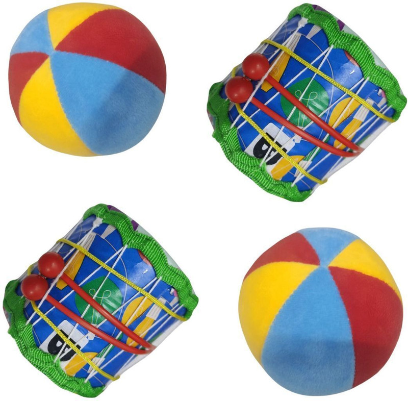 ATISHAY RETAIL 2 Drum with Sticks & 2 Soft Ball Toys Combo for Kids| Combo 4 Pcs | Age-6 Month+(Multicolor)
