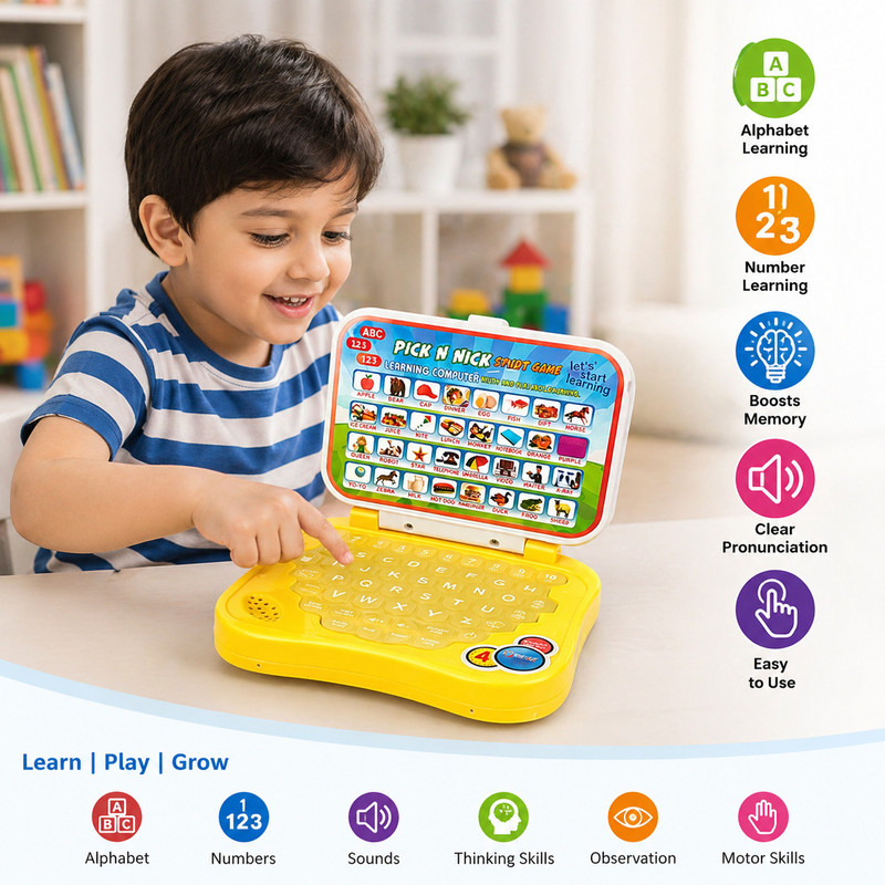 KHEL KHEL ME Pick N Nick Study Game Kids Learning Laptop with Sound | ABC Alphabet, Numbers(Yellow)