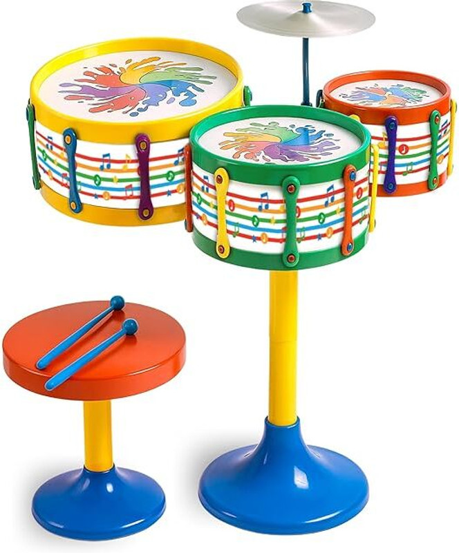 POLYCHEF Kids drum Set For 3 Yrs +| 3 Drums , 1 Cymbal, Drumstick & Stool [Multicoloured](Multicolor)