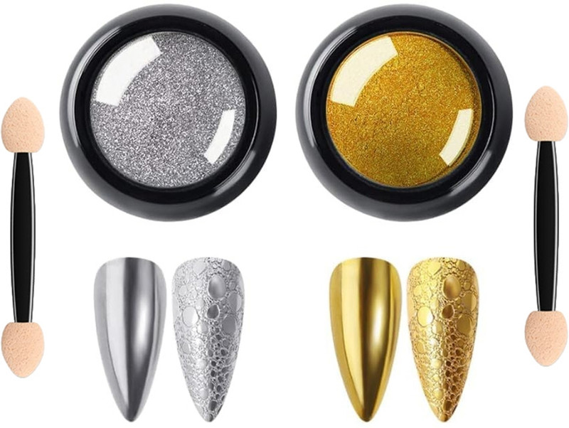 My Colors Nail Art Chrome Powder Set, Reflective Glitter Metallic Mirror Effect for Design(Gold, Silver)