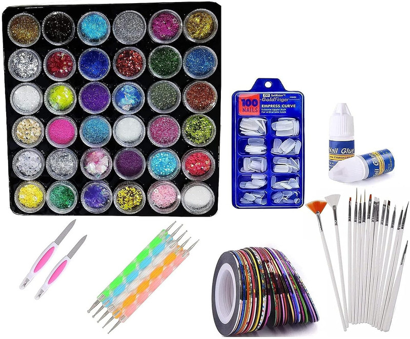 lanellie 36 Pcs Glass Bottles Glitter Stones 100 Nails 10 Nail Tapes 15 Nail Art Brush(5 Nail Dotting Pen 2 Nail Filer with 2 Glue multicolor)